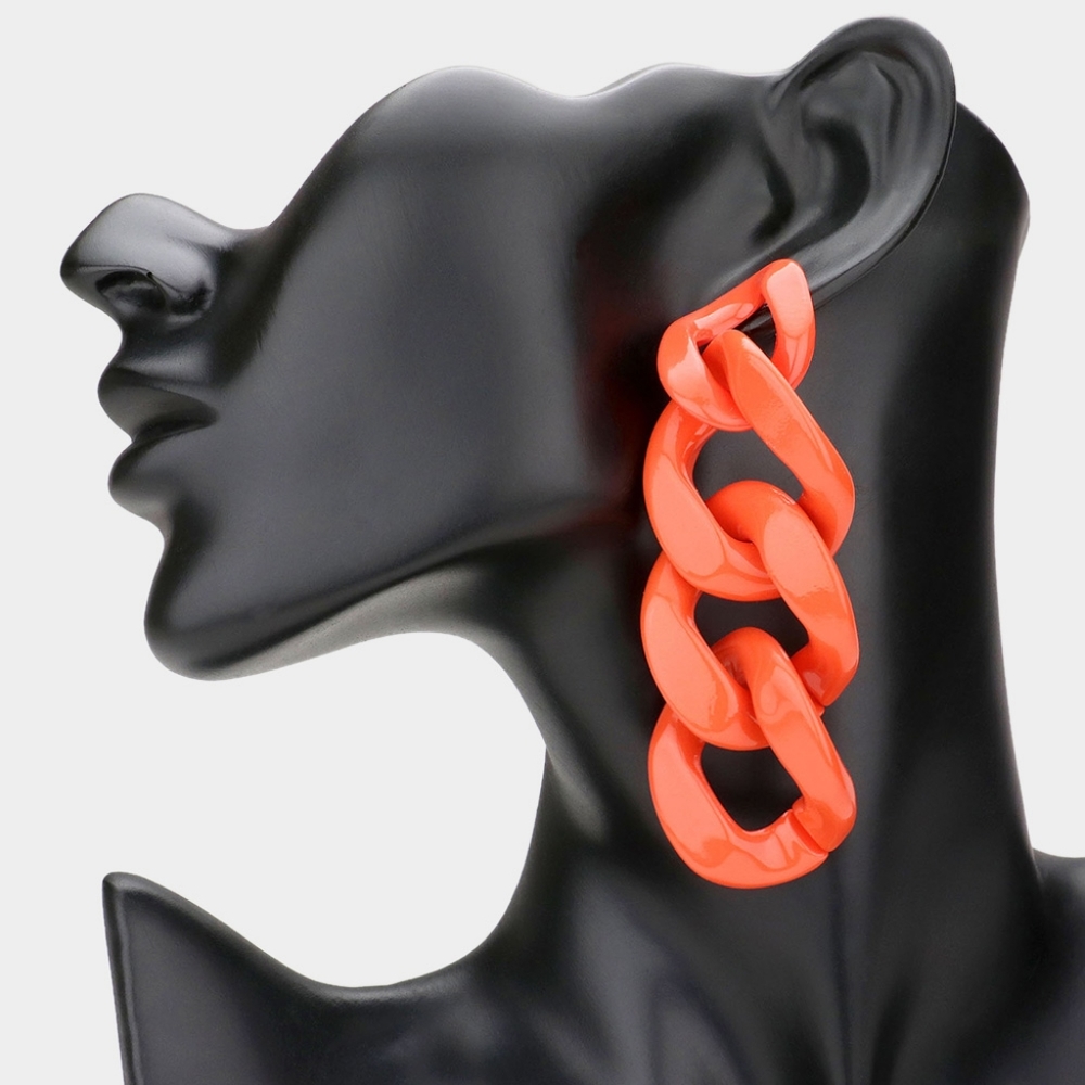 Coral Chain Link Dangle Earrings 3.75 Inches Cute Casual Fashion Jewelry Fun